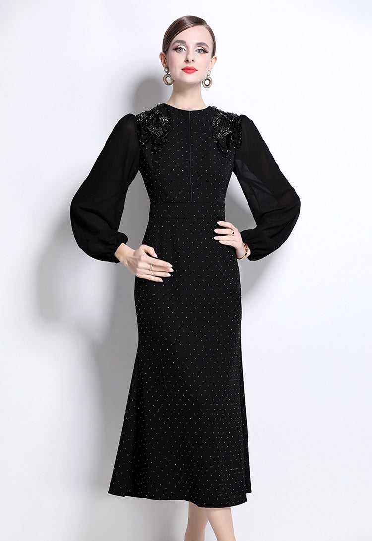 Elegant Noir Embellished Midi Dress - 918137011583_BLACK