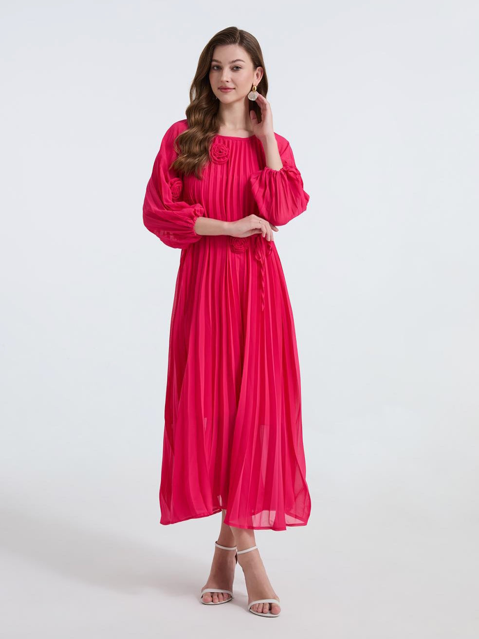 Rose Radiance Pleated Chiffon Dress - 906472342218_ROSERED