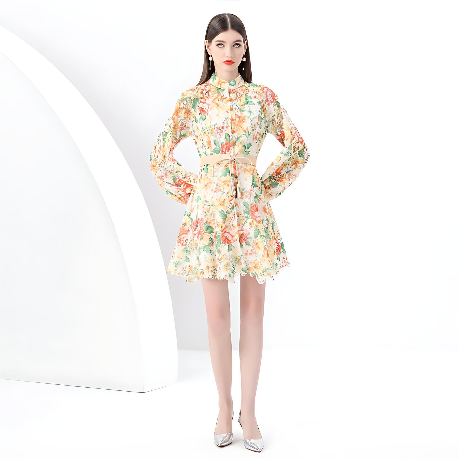 Floral Lace Belted Shirt Dress