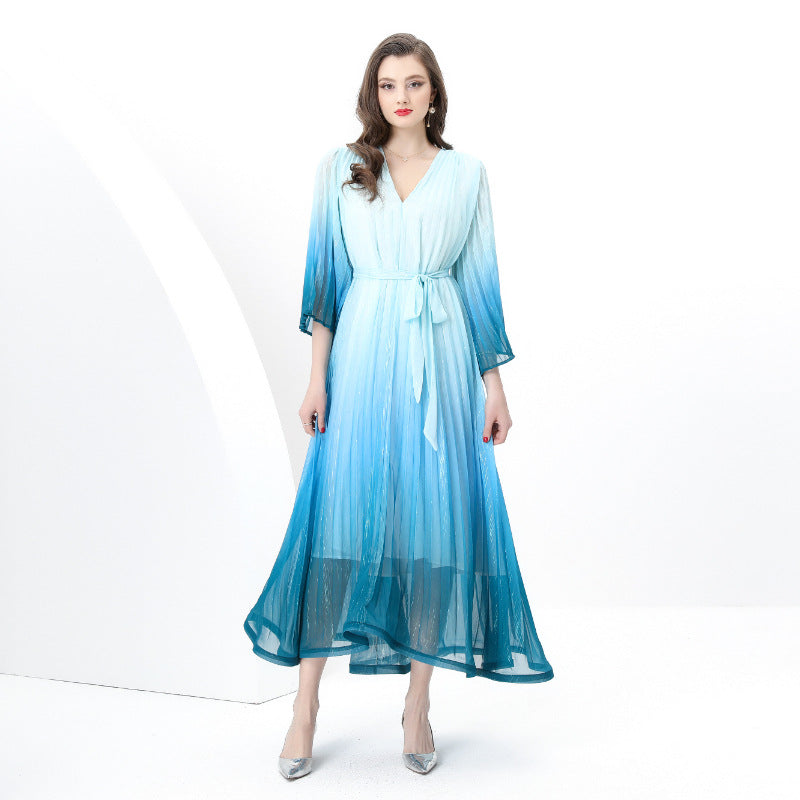 Ocean Blue Ombre Pleated Maxi Dress