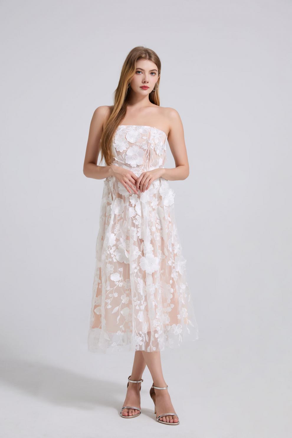 Blossom Veil Strapless White Embroidered Dress - 912071976607_WHITE