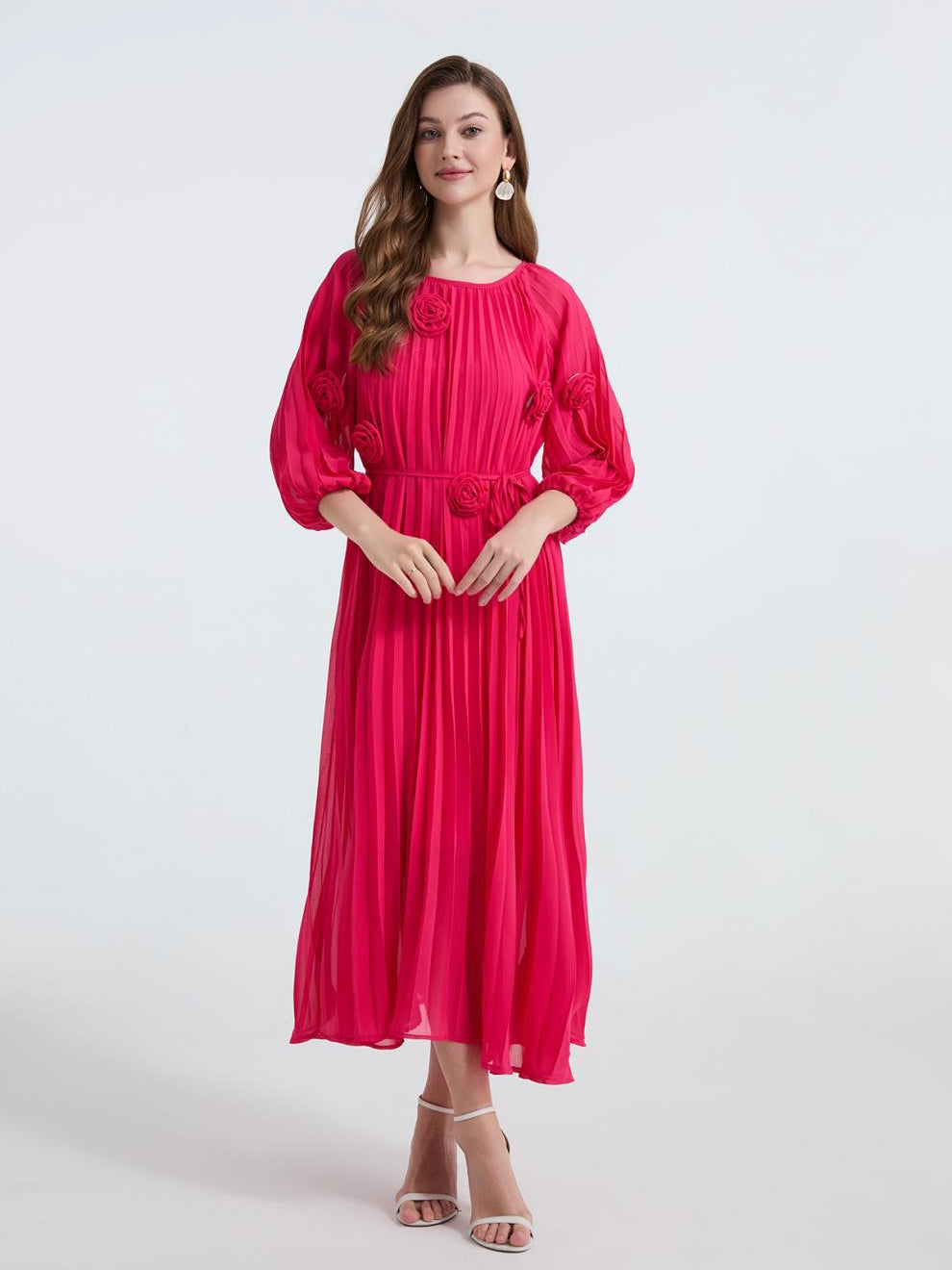 Rose Radiance Pleated Chiffon Dress - 906472342218_ROSERED
