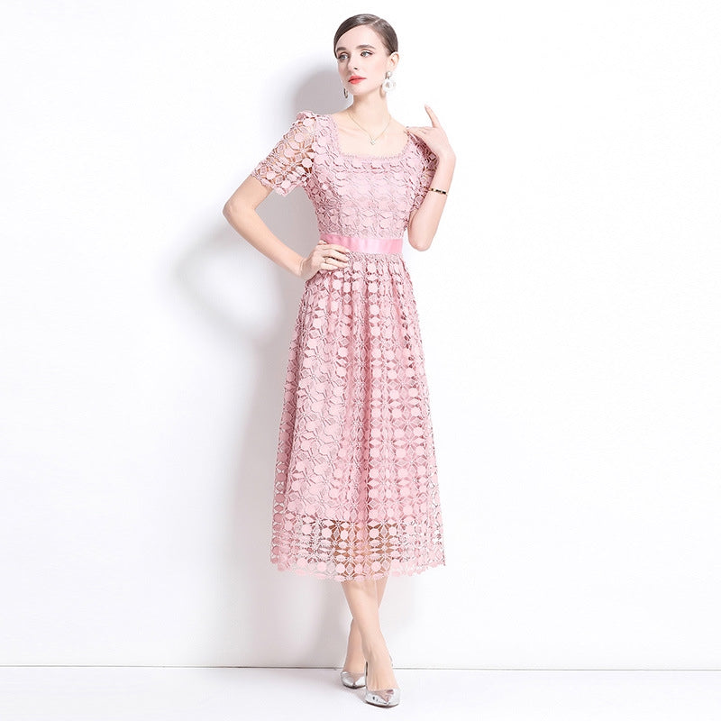 Elegant Pink Lace Midi Dress