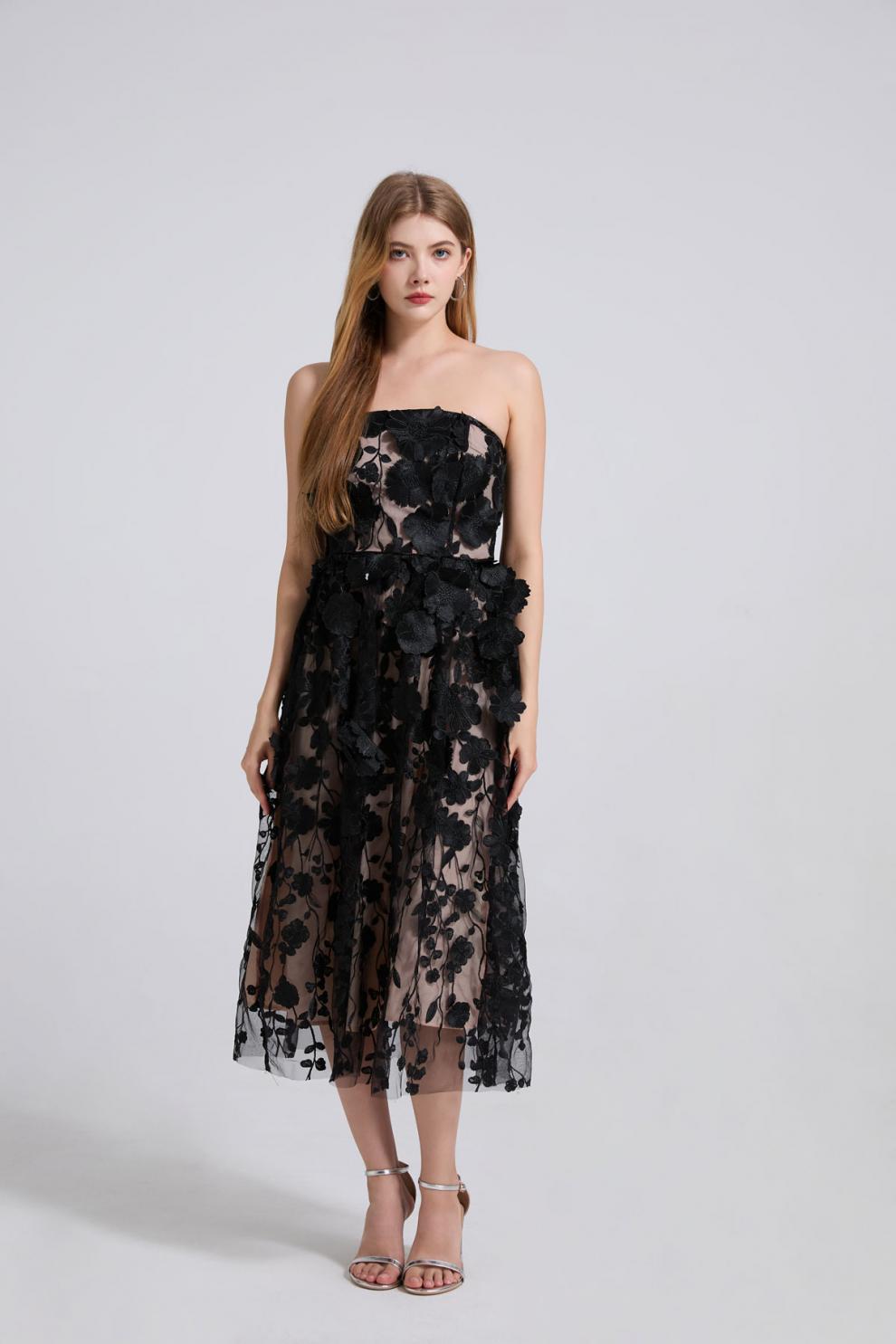 Midnight Bloom Strapless Tulle Dress - 912071976607_BLACK