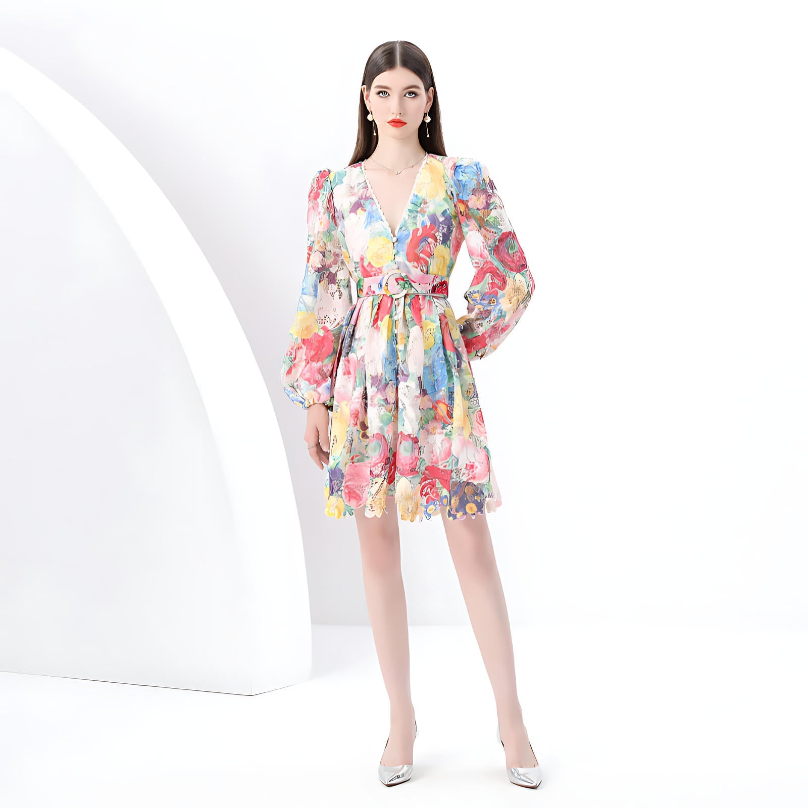 Floral V-Neck Belted Dress