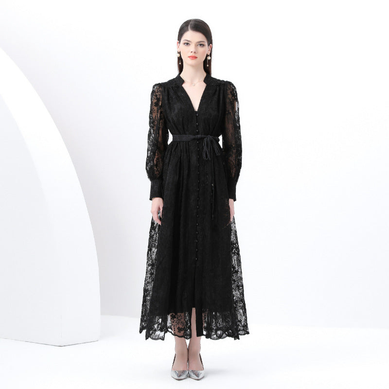 Black Lace Long-Sleeve Maxi Dress