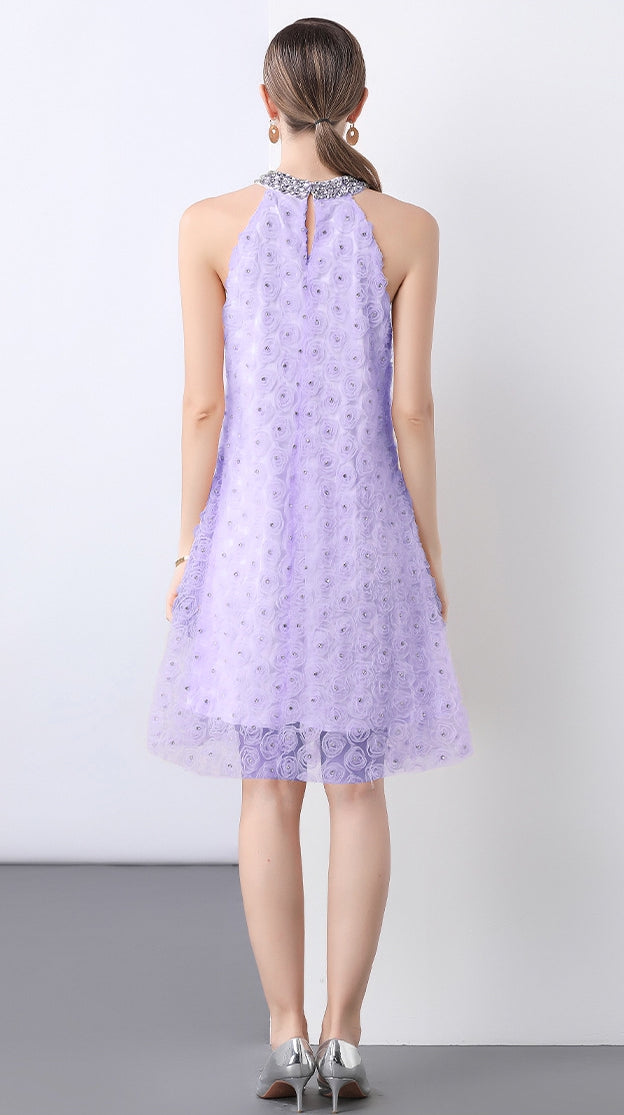 Lavender Bloom Halter Dress with Rosette Lace