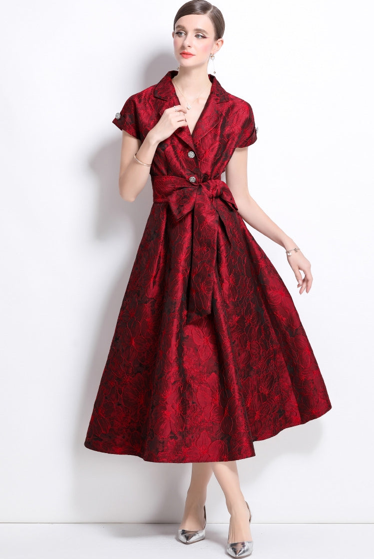 Crimson Elegance Brocade Midi Dress - 913663767470_RED