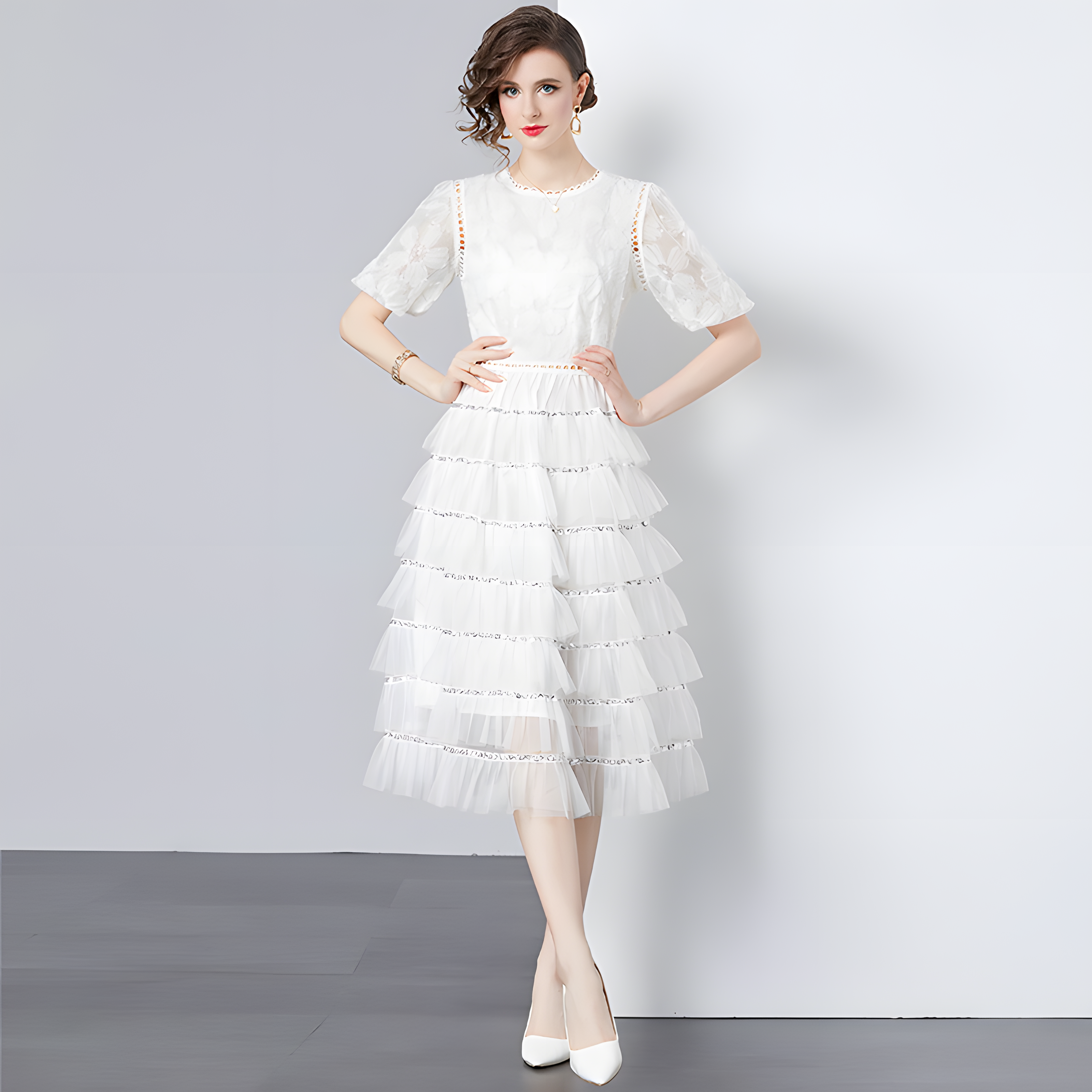 Multilayer Sequinned Mesh Skirt Flower Embroidered Vest Dress - 787365833312_WHI