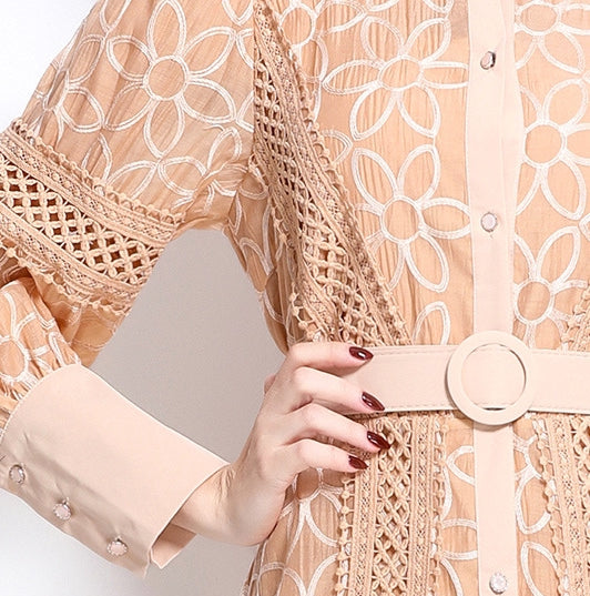 Elegant Apricot Lace Midi Dress with Belt