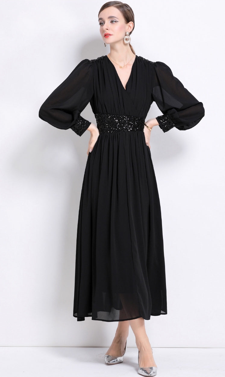 Midnight Grace Sequin Waist Maxi Dress