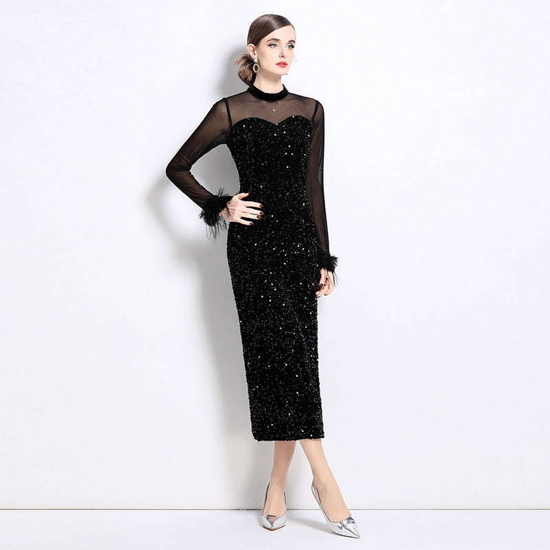 Black Sequin Velvet Dress With Feather Cuffs