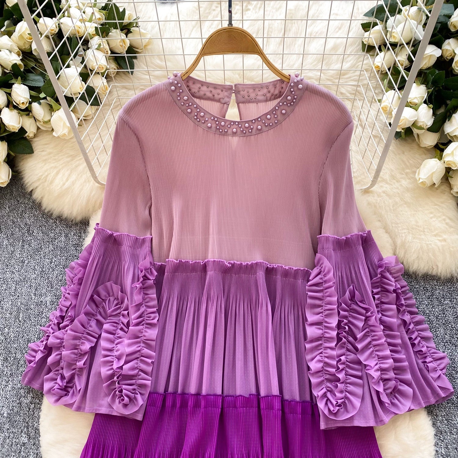 Purple Ombre Pleated Midi Dress
