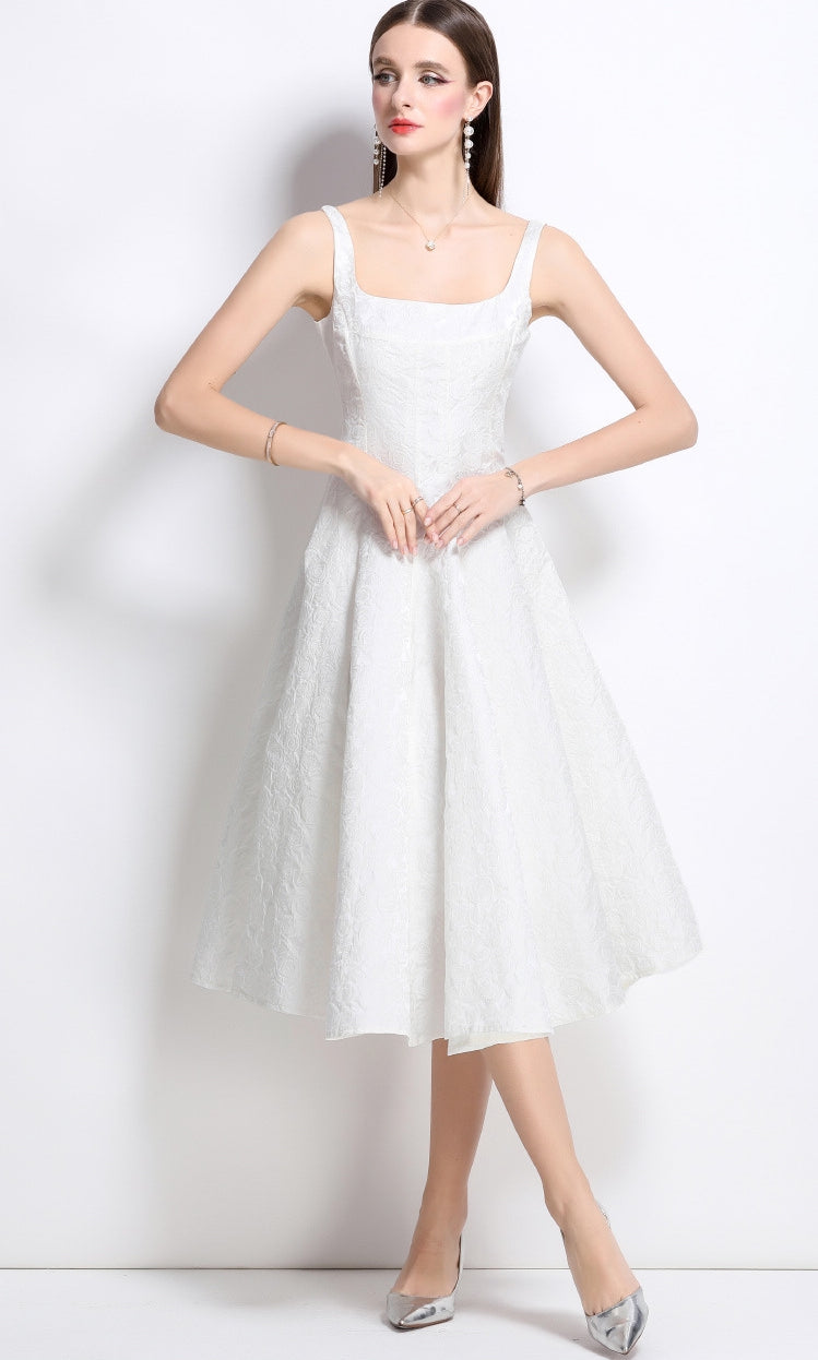 Elegant White Jacquard Midi Dress