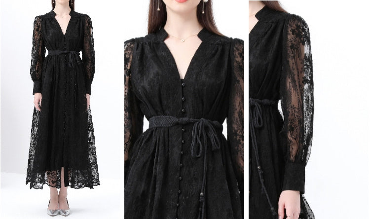 Black Lace Long-Sleeve Maxi Dress