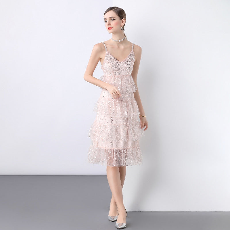 Blush Sequin Tiered Midi Dress