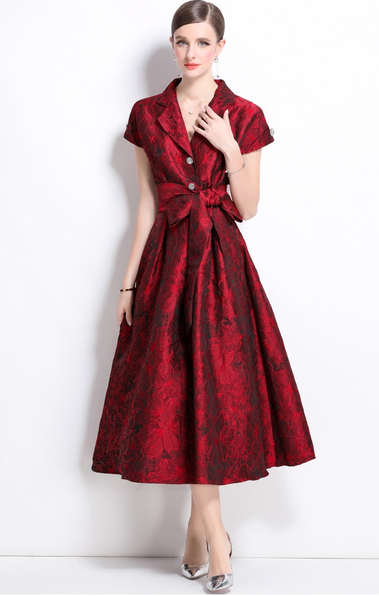Crimson Elegance Brocade Midi Dress - 913663767470_RED