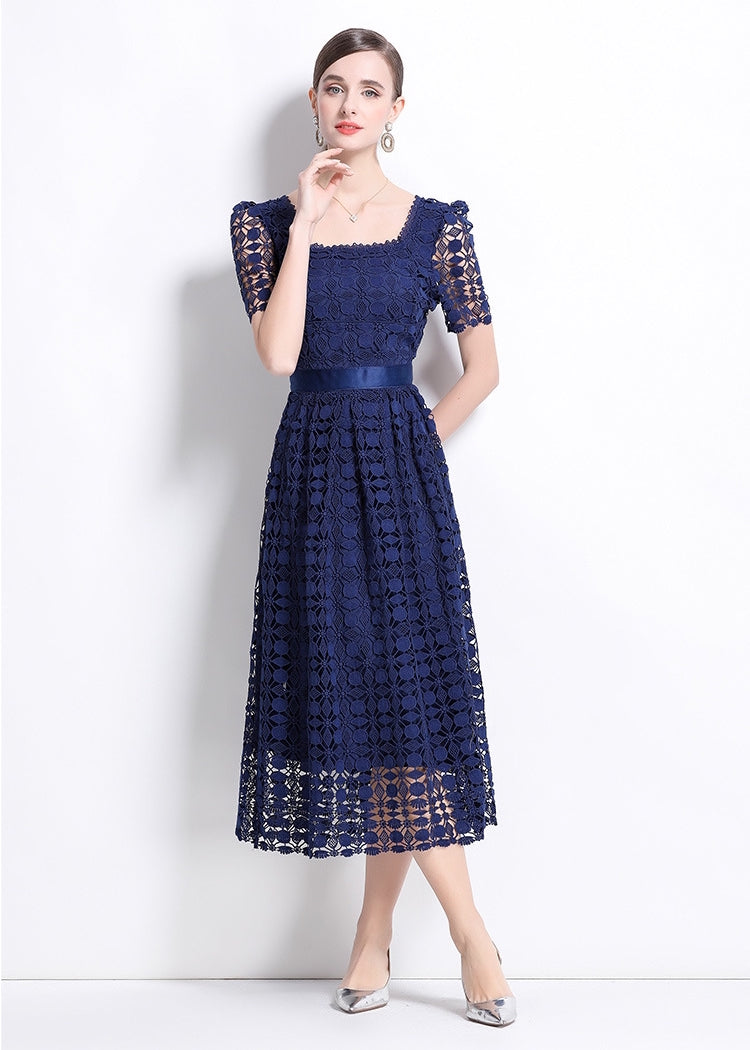 Navy Blue Lace Midi Dress