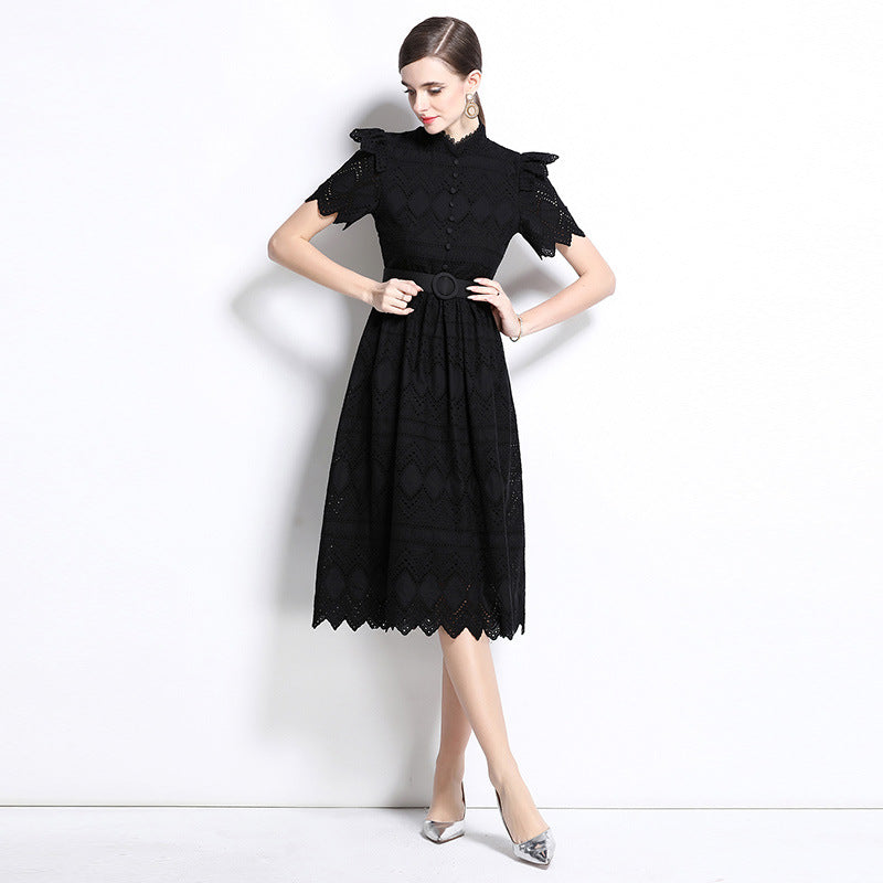 Elegant Black Lace Belted Midi Dress