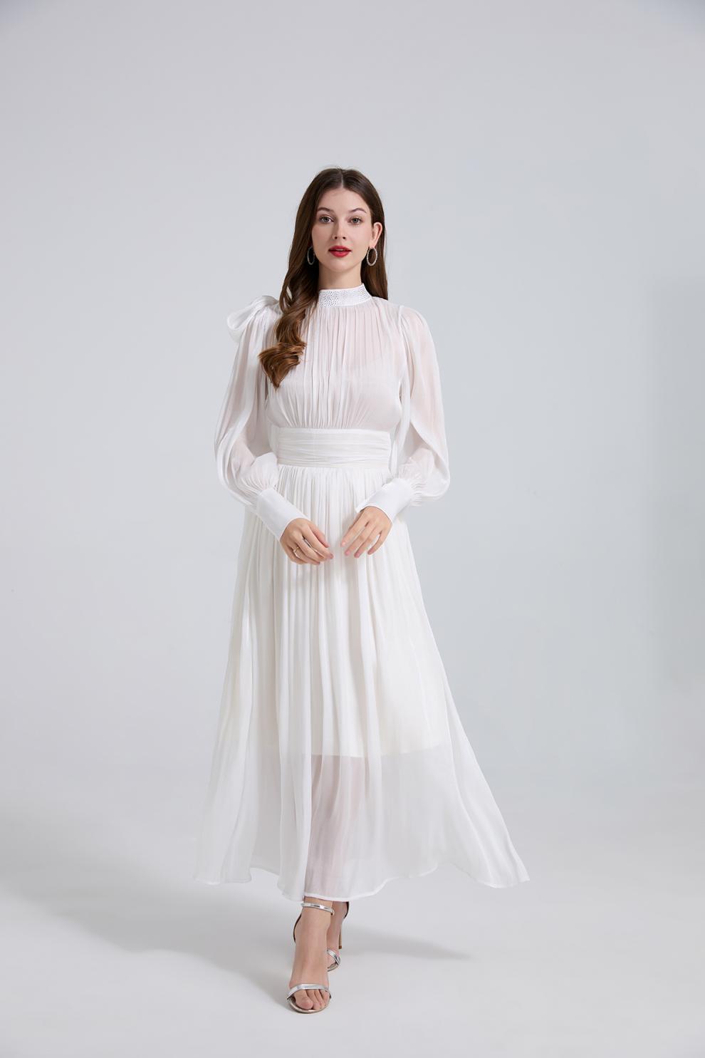 Ivory Grace High-Neck Pleated Midi Dress - 905557854806_WHITE