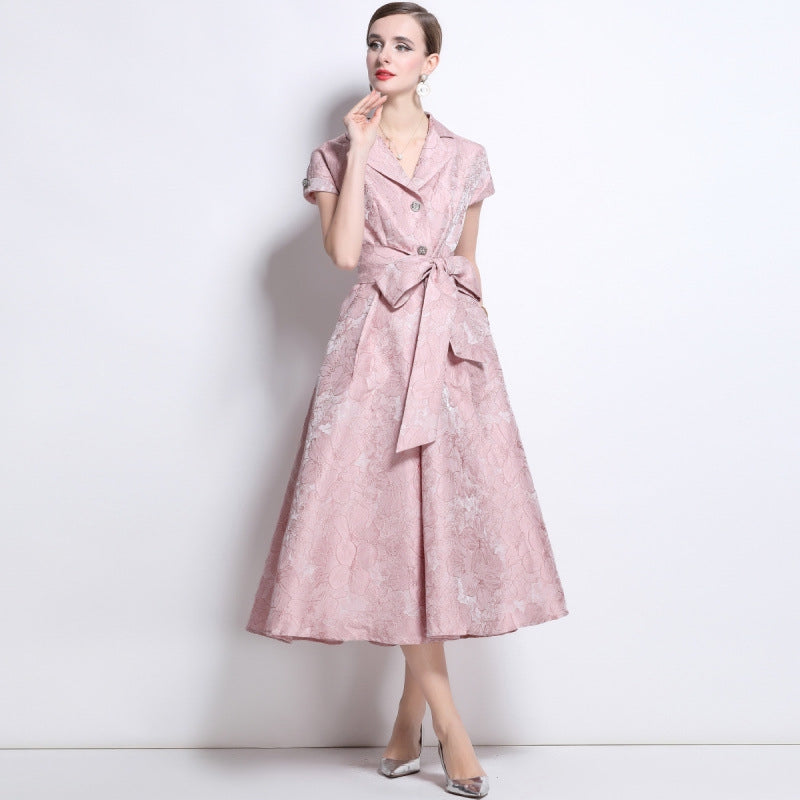 Elegant Rose Brocade Midi Dress - 913663767470_PINK