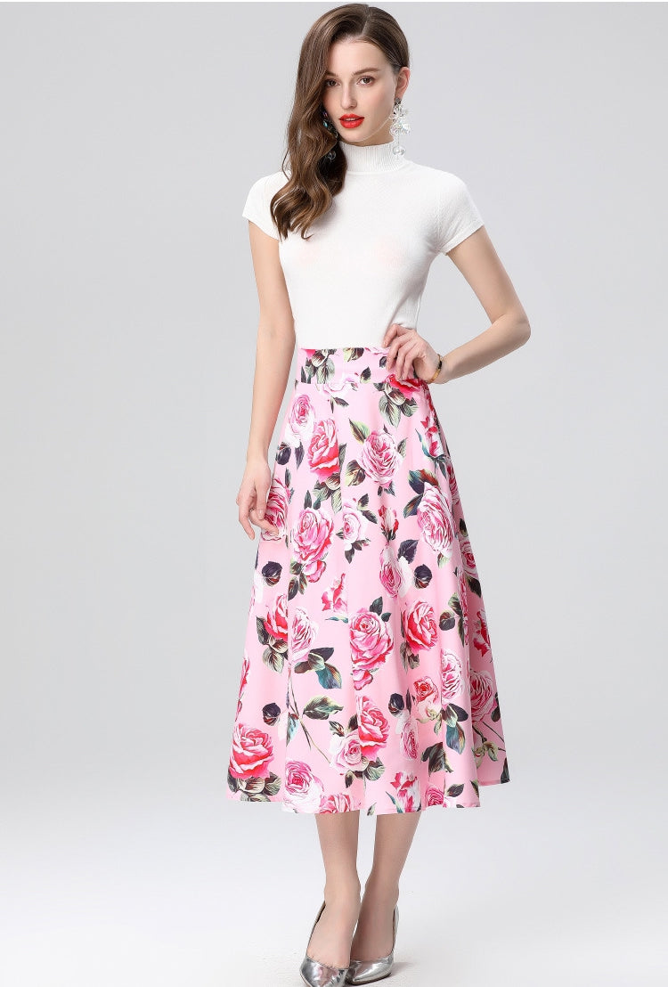 Pink Floral Midi Skirt Two Piece Set