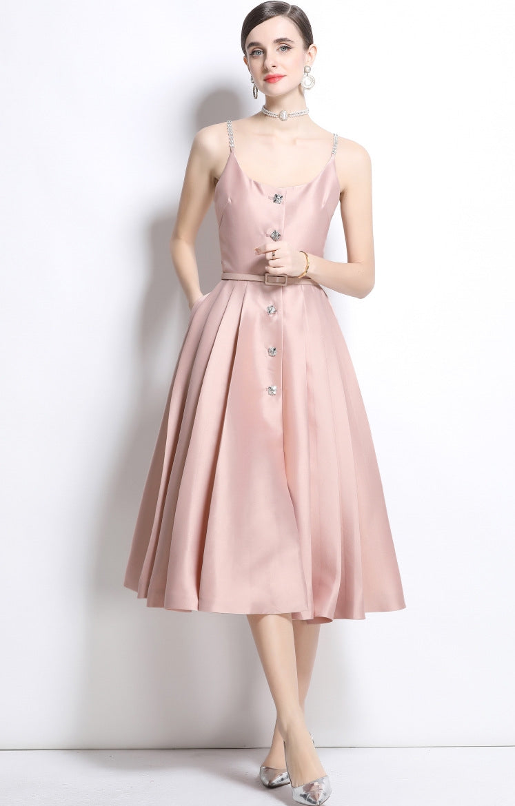 Blush Satin Crystal-Button Midi Dress