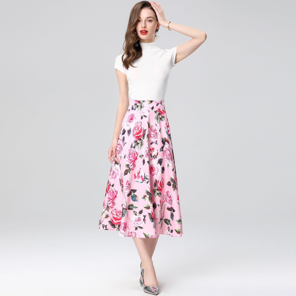 Pink Floral Midi Skirt Two Piece Set