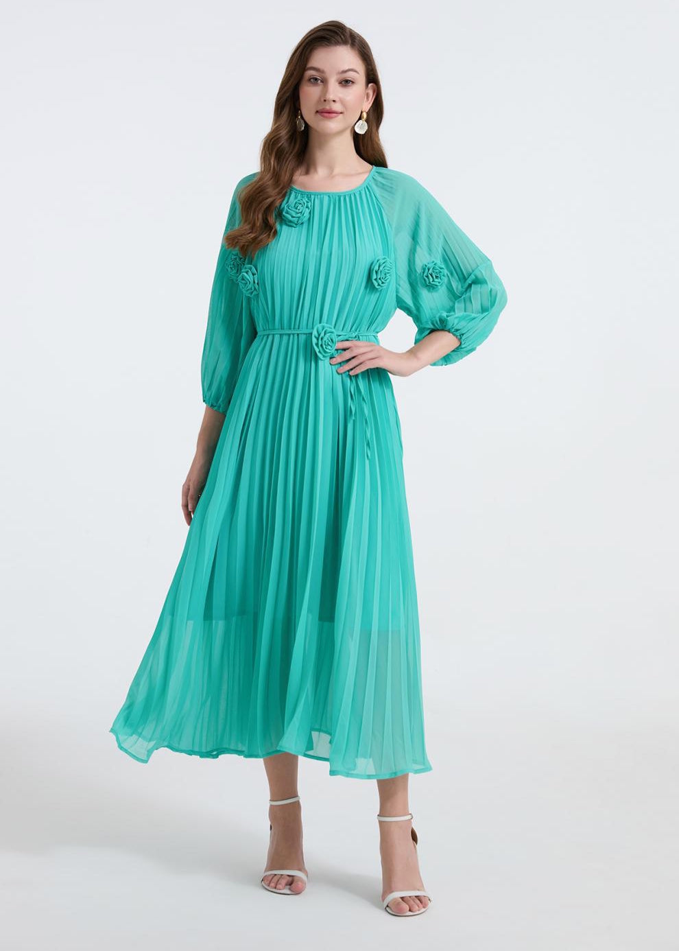 Emerald Breeze Pleated Midi Dress - 906472342218_GREEN