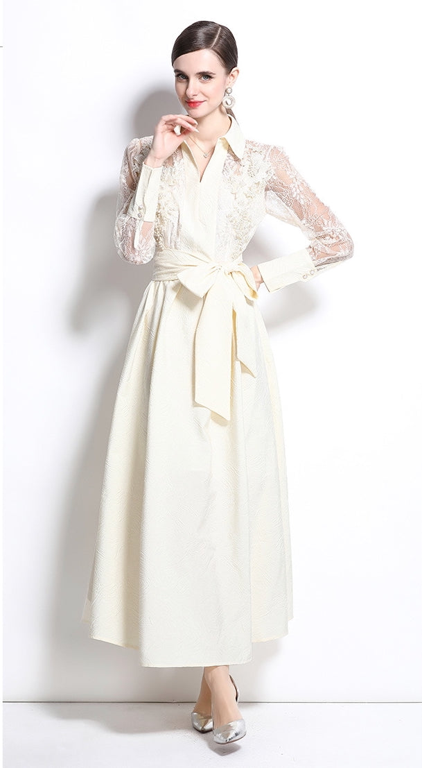 Elegant Lace Sleeve Belted Midi Dress