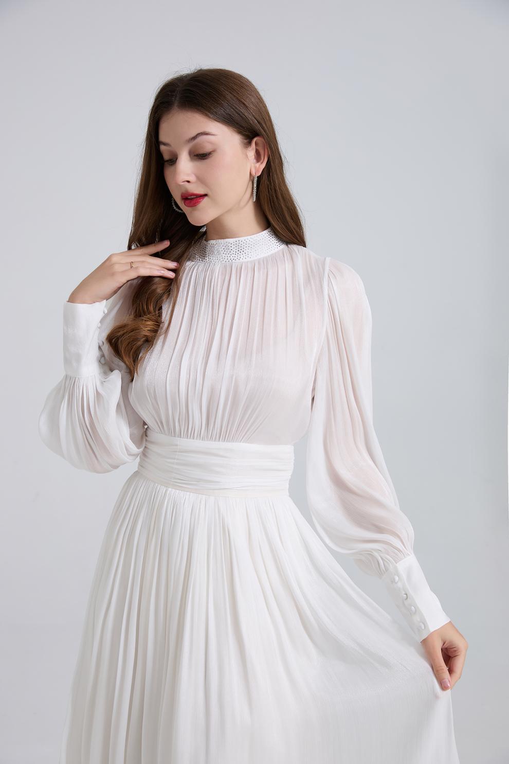 Ivory Grace High-Neck Pleated Midi Dress - 905557854806_WHITE