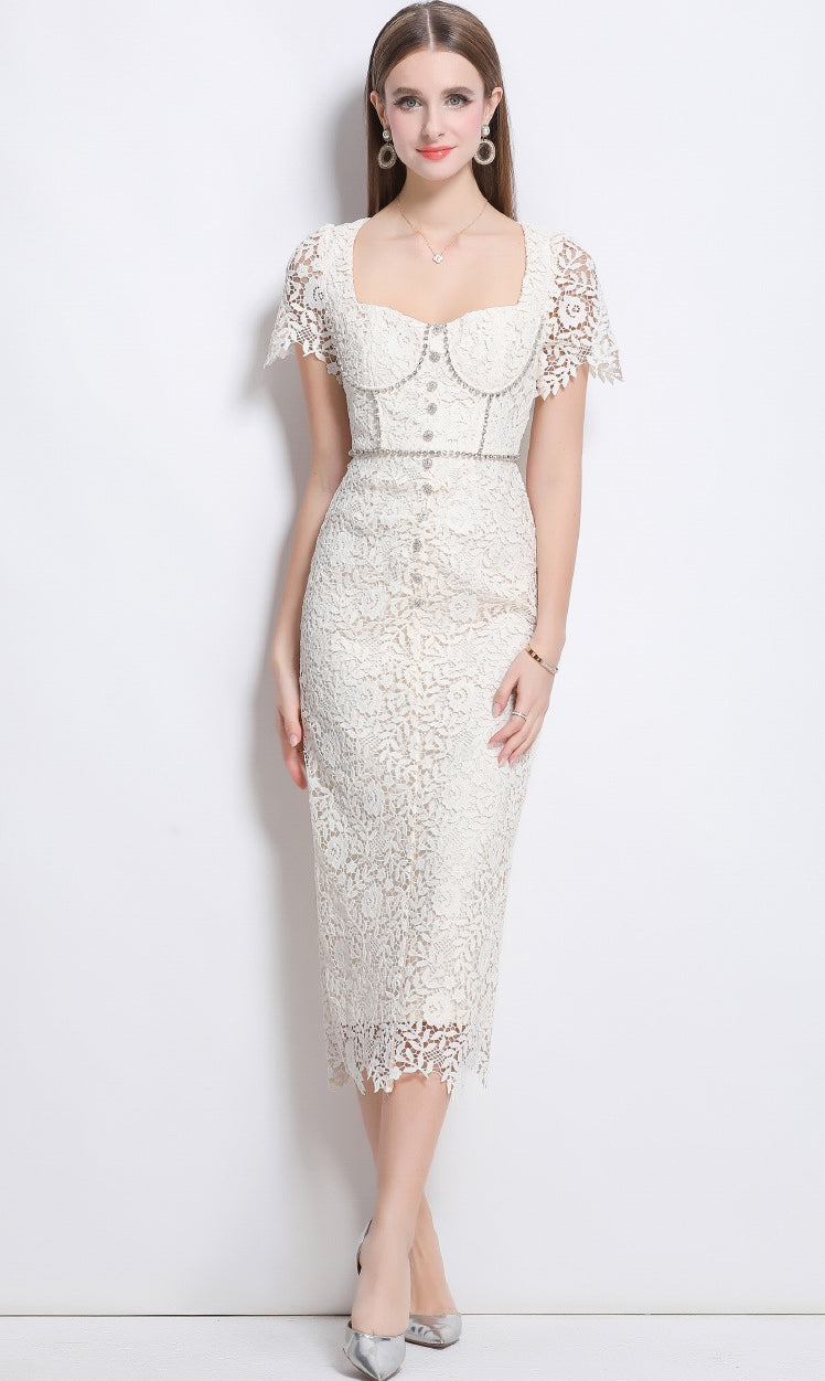Elegant Lace Pearl-Button Midi Dress - 911152070726_APRICOT