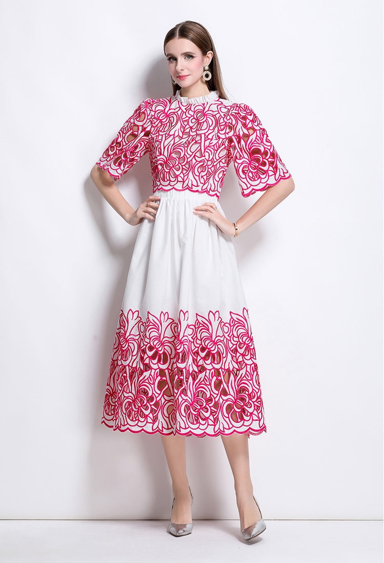 Red Embroidered Cutout Two Piece Dress