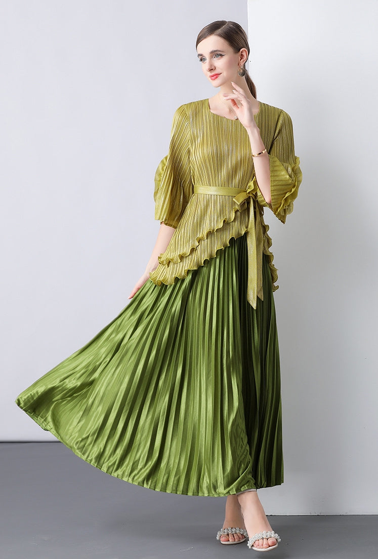 Olive Gold Pleated Peplum Maxi Dress