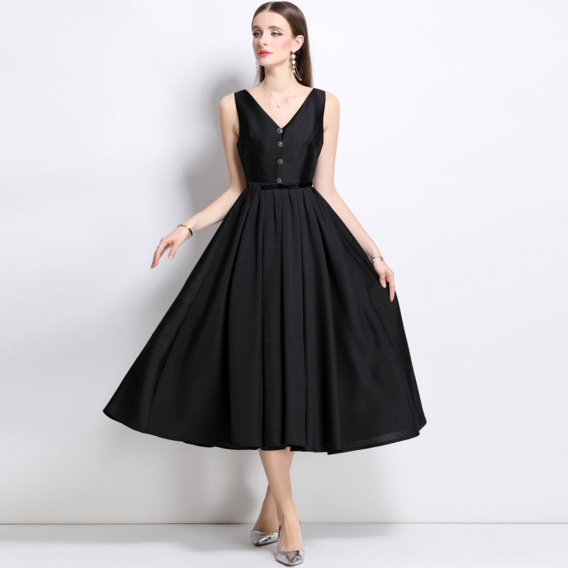 Elegant Black V-Neck Buttoned Midi Dress