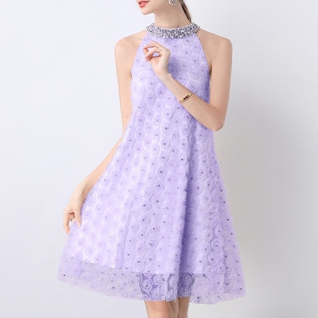 Lavender Bloom Halter Dress with Rosette Lace