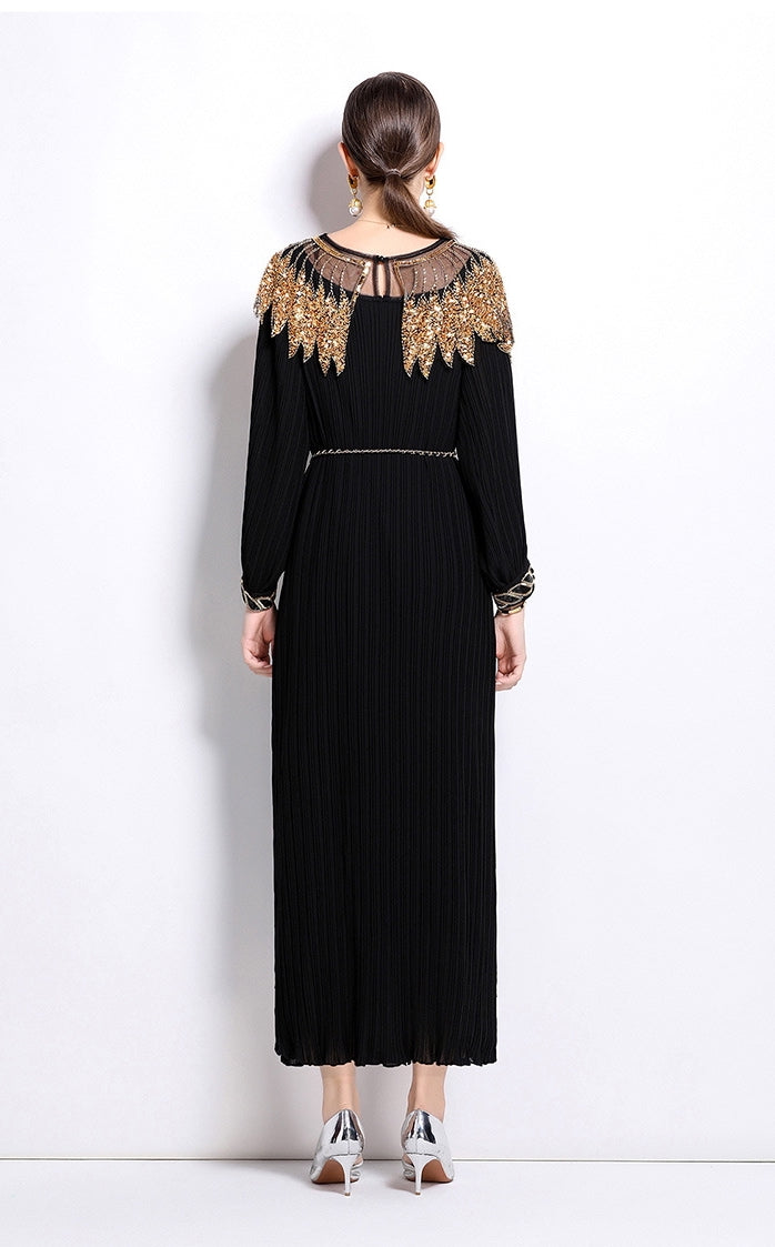 Elegant Black Maxi Dress with Gold Embellishments