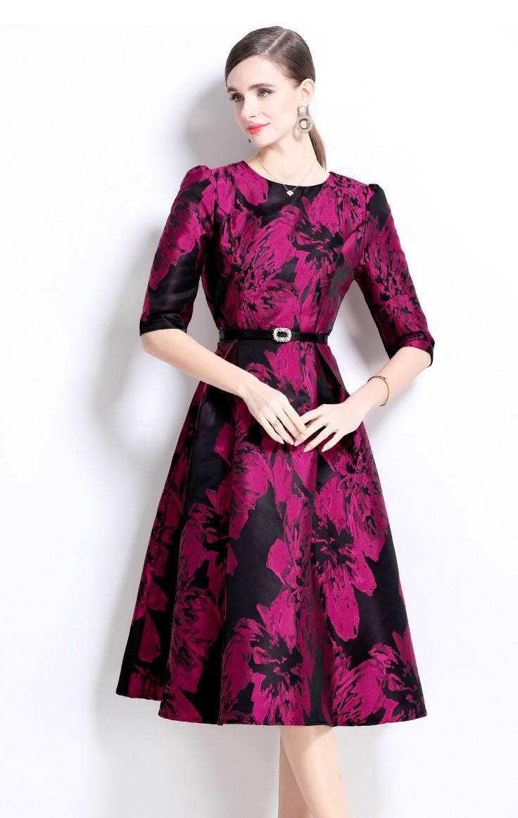 Jacquard Fuchsia Dress With Fitted Vest and Hepburn skirt