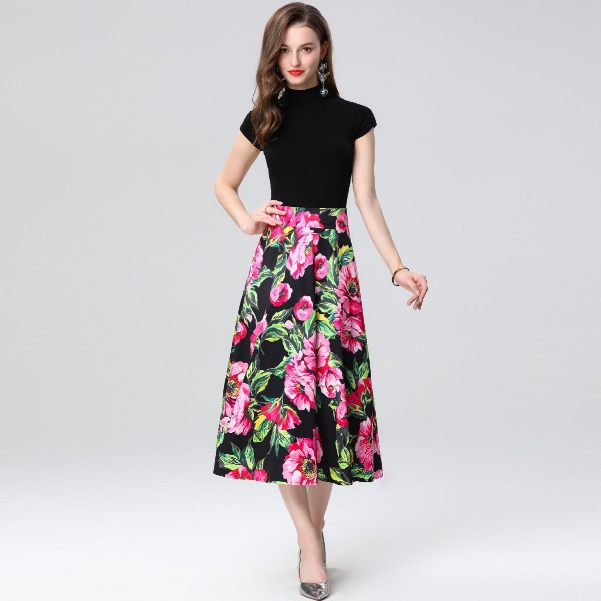 Floral High-Waist Midi Skirt Two Piece Set