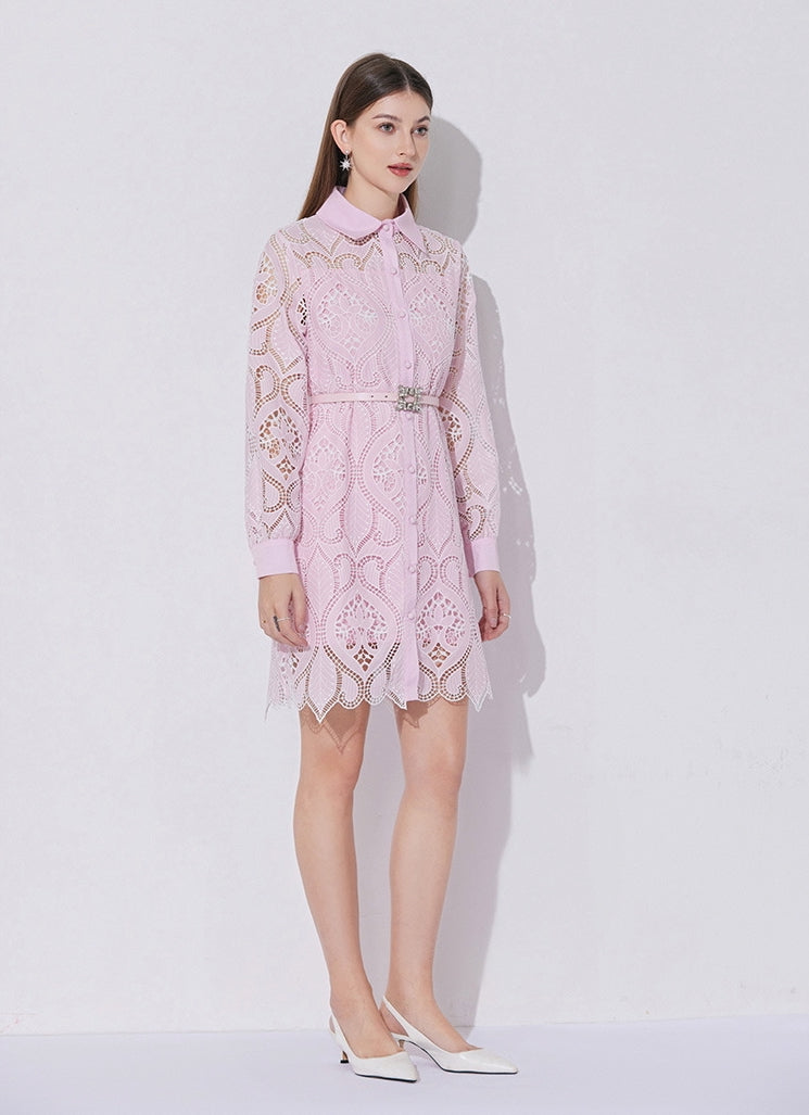 Blush Medallion Eyelet Belted Dress - 901763181508_PINK