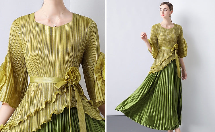Olive Gold Pleated Peplum Maxi Dress