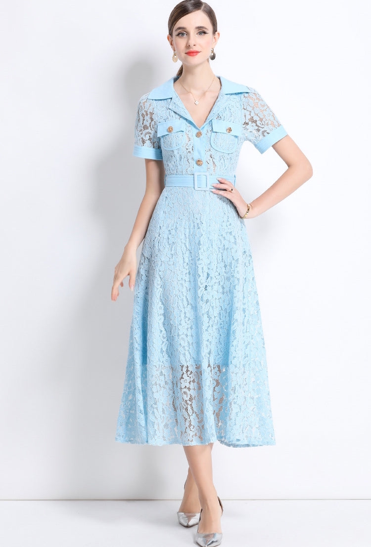 Sky Blue Lace Utility Midi Dress