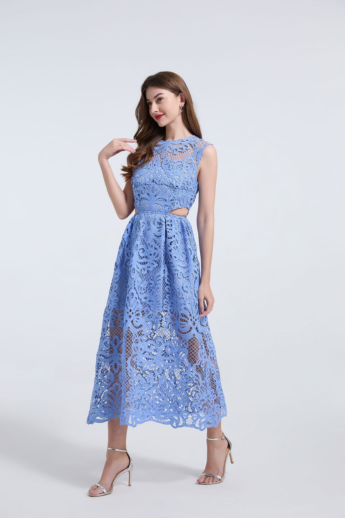 Elegant Sky Blue Lace Midi Dress