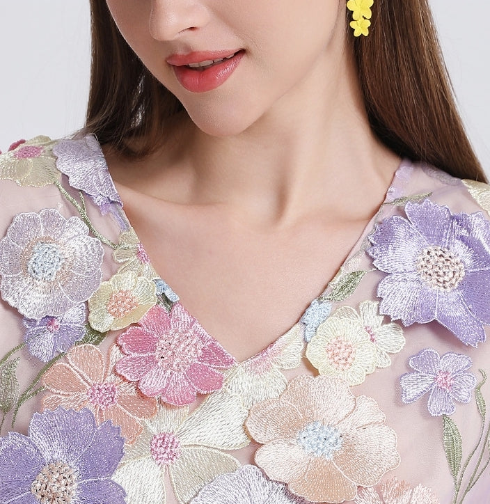 Pastel Garden Embroidered Mini Dress - 907313265705_LIGHTPURPLE