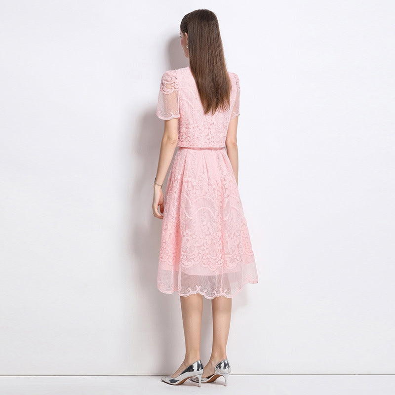 Elegant Lace Vintage Two Piece Midi Dress – Blush Pink