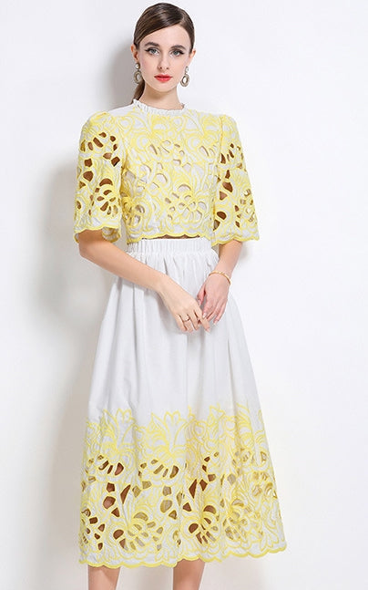 Yellow Embroidered Cutout Two Piece Dress