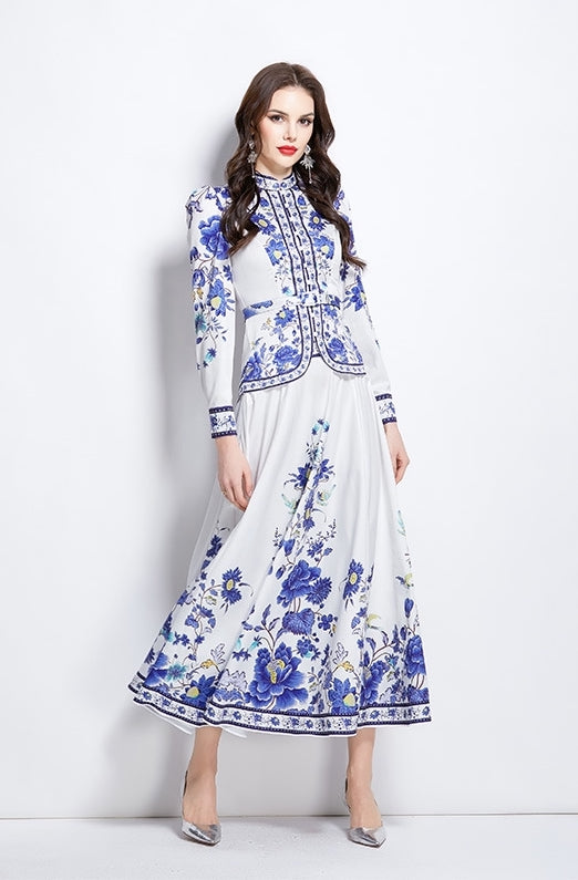 Elegant Blue & White Floral Print Blouse & Maxi Skirt Set