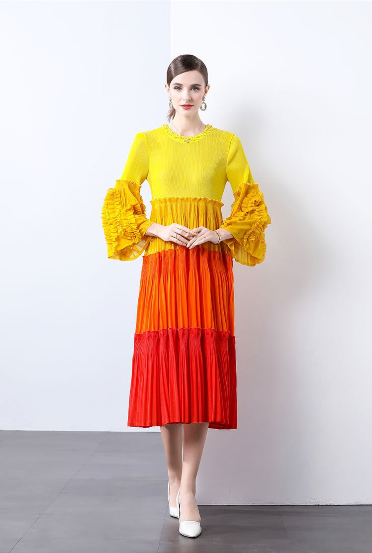Sunset Ombre Pleated Midi Dress