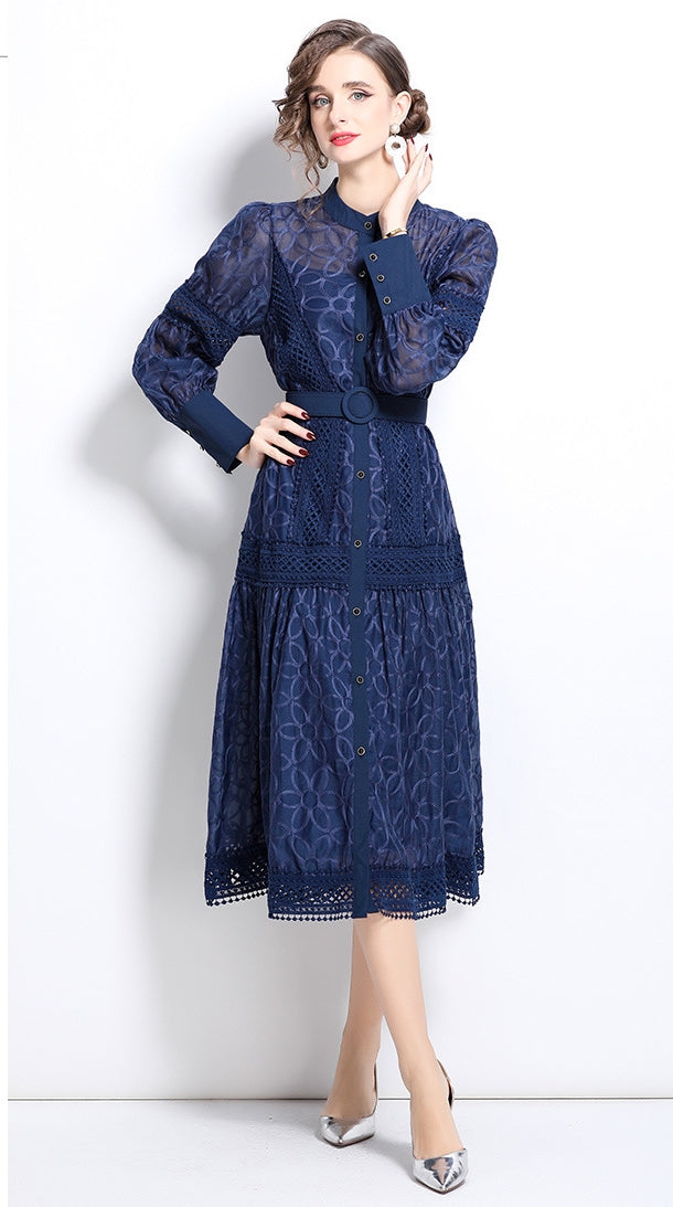 Elegant Navy Blue Lace Midi Dress with Belt