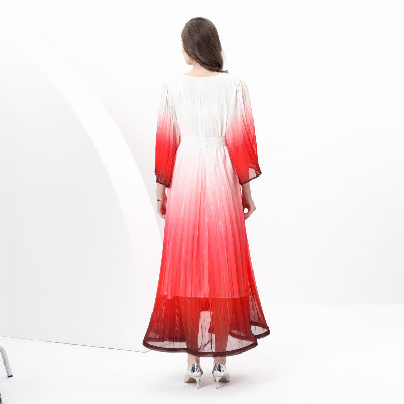 Scarlet Flame Ombre Pleated Maxi Dress